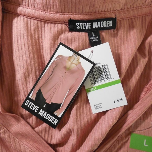 STEVE MADDEN Top L New $59 Button Down Blouse Pink Rose Stretch V-Neck Long Slvs - Picture 8 of 9